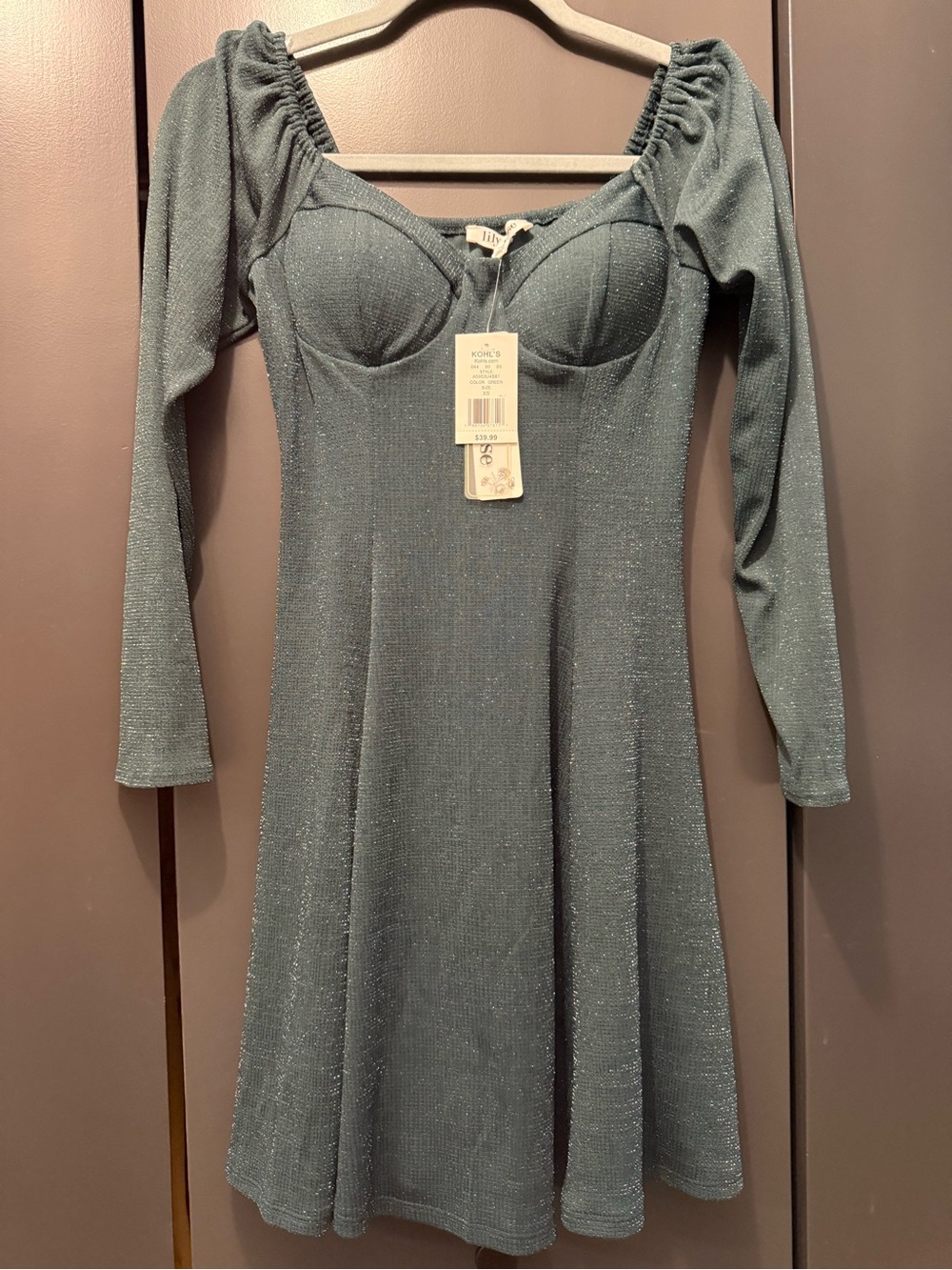 Lily Rose Shimmer Long-Sleeve Fit & Flare Dress in Teal Blue